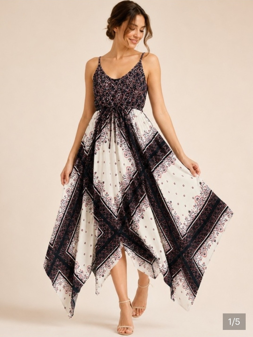 torrid White and Black Paisley Handkerchief Hem Maxi Dress